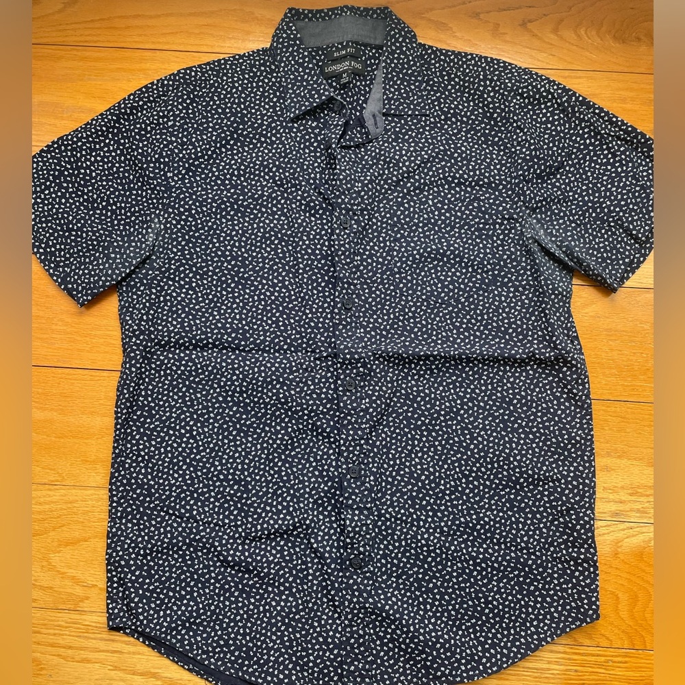 Navy Blue Short Sleeve Button Down with floral pattern